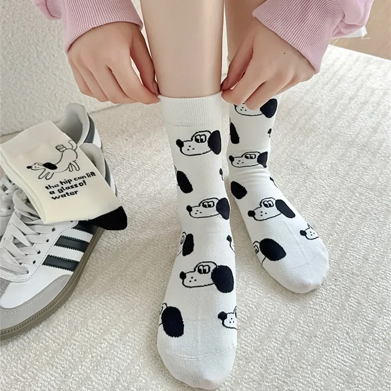 الجوارب الكورية الأزياء مخطط كلية نمط JK الفتيات مرونة الجوارب الطويلة الأبيض النساء الجوارب الكرتون الكلاب طباعة اليابانية Kawaii لطيف #1