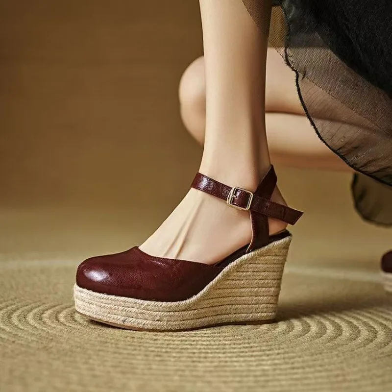 2026 New Summer Party Slope Heel Leather Sandals High Quality Handmade High Heel Women's Shoes