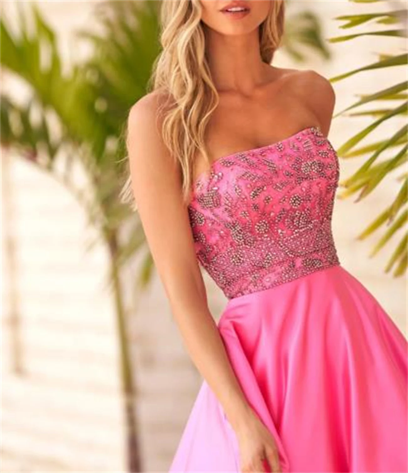 Summer Pink Prom Dress Ball Dress Beaded Lace Puffy Diamond-Attached Waistband To Floor Length Elegant Party Dress Newest