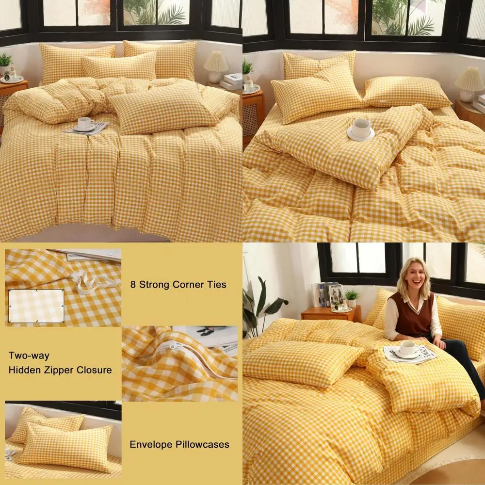 

Комплект постельного белья Queen Size из трех предметов в мелкую клетку: пододеяльник из 100% мягкого стираного хлопка и наволочки в современном желтом клетчатой клетке