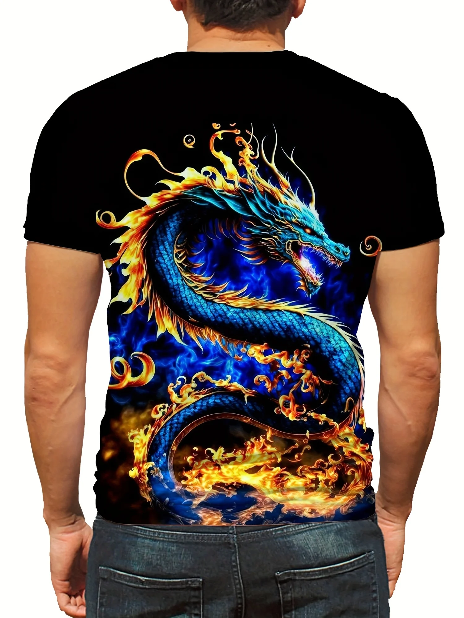 Camiseta masculina com estampa de dragão 3D vibrante – poliéster, camiseta casual e esportiva com gola redonda, lavável à máquina, ideal para festas