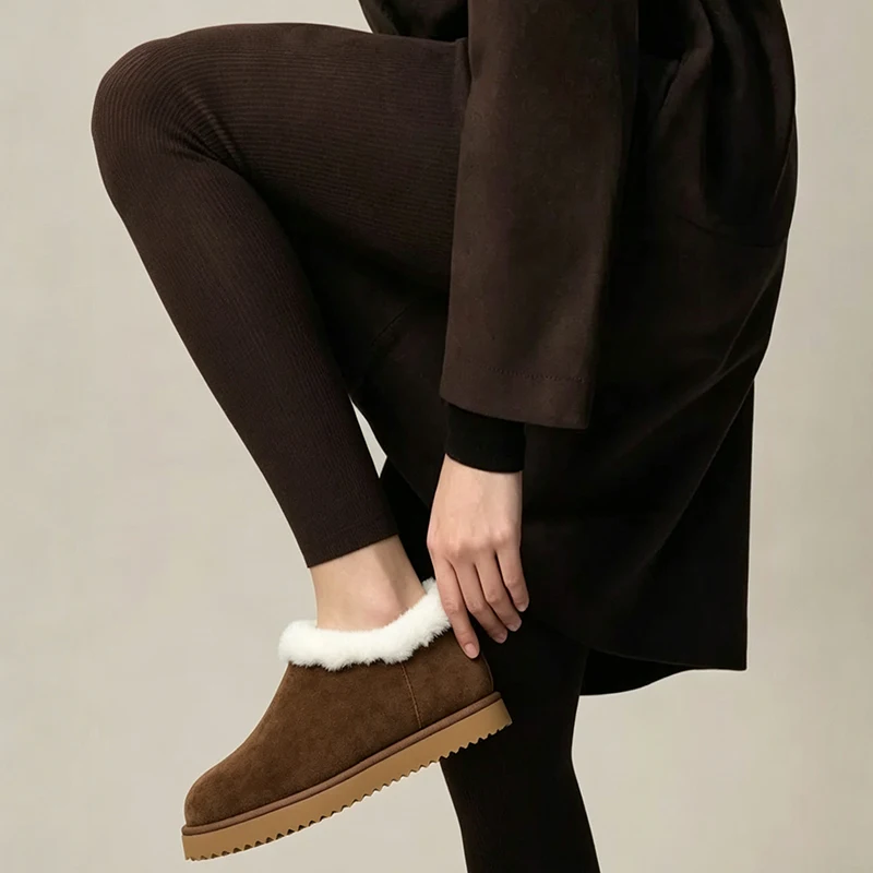 Women's Cow Leather Snow Boots - Warm Wool Fur Ankle Boots