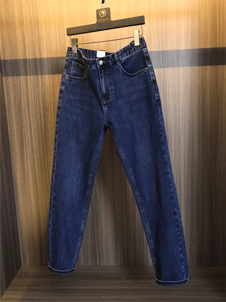 

Мужские облегающие хлопковые джинсовые джинсы, прямые длинные брюки, однотонные синие стальные штампы с надписью