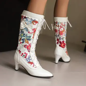女士復古花卉圖案繫帶中跟維多利亞風長靴,甜美蝴蝶結設計,可愛角色扮演中筒靴,加大碼 34-4 8 最佳銷售 花卉靴 - №7