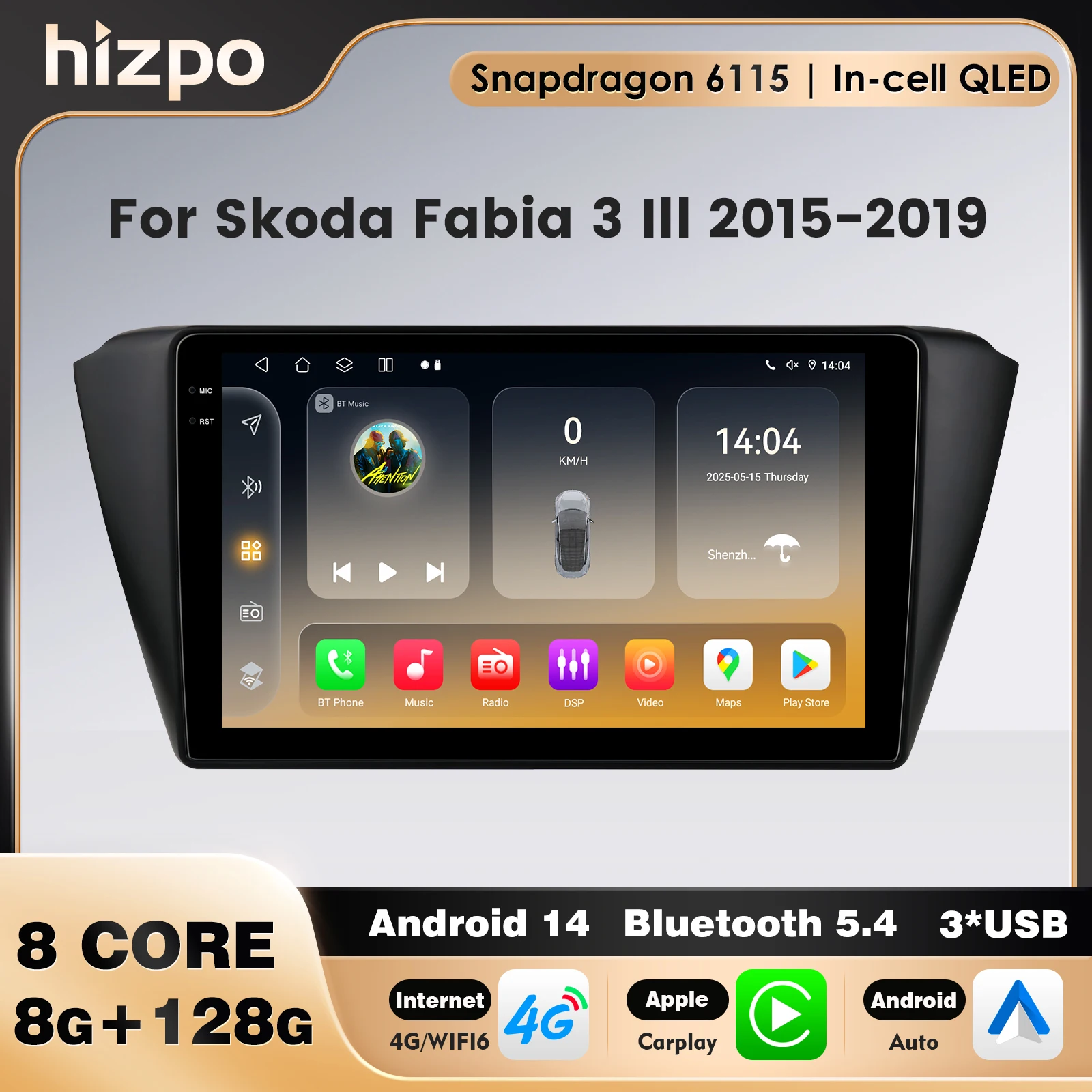 Android 14 Snapdragon 6115 Carplay for Skoda Fabia 3 Ⅲ 2015 - 2019 Android Auto Car Multimedia Player Navi OBD 360 WIFI Stereo