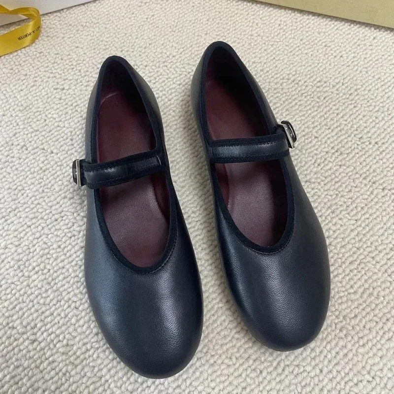 New Real Leather Black Shoes Flat Mary Jane Ballet Shoes for Women