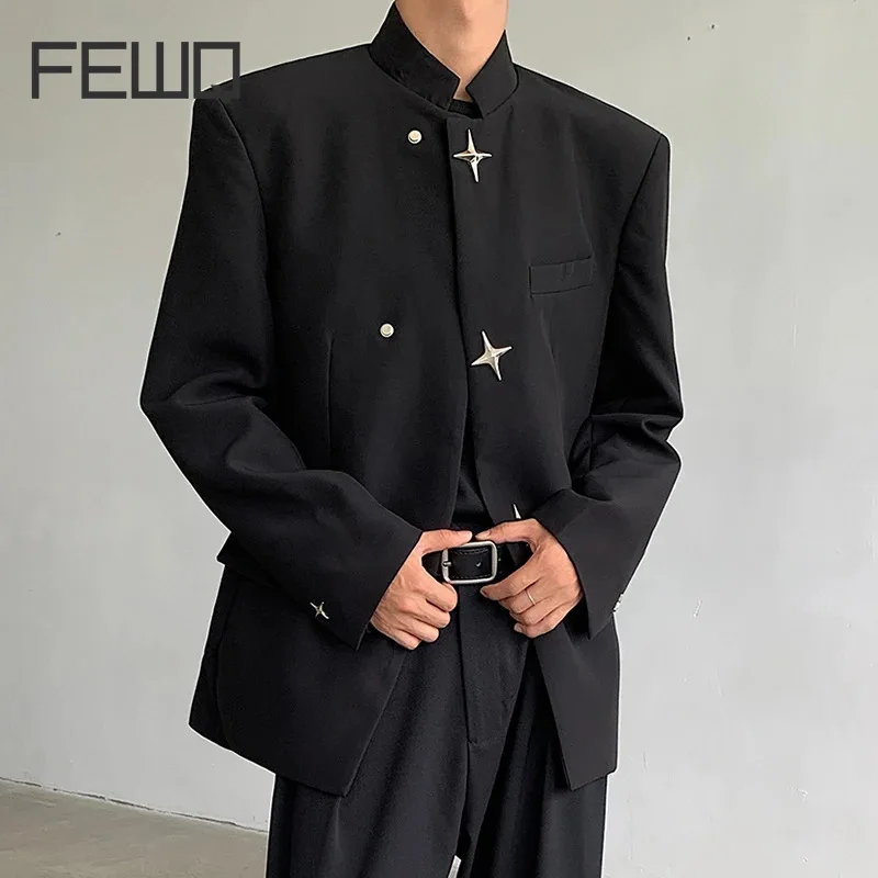 FEWQ New Chinese Style Men\'s Suit Jacket Metal Buckle Shoulder Pad Stand Up Collar Darkwear Long Sleeve Male Tops 24E2082