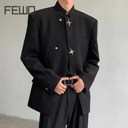 FEWQ New Chinese Style Men's Suit Jacket Metal Buckle Shoulder Pad Stand Up Collar Darkwear Long Sleeve Male Tops 24E2082