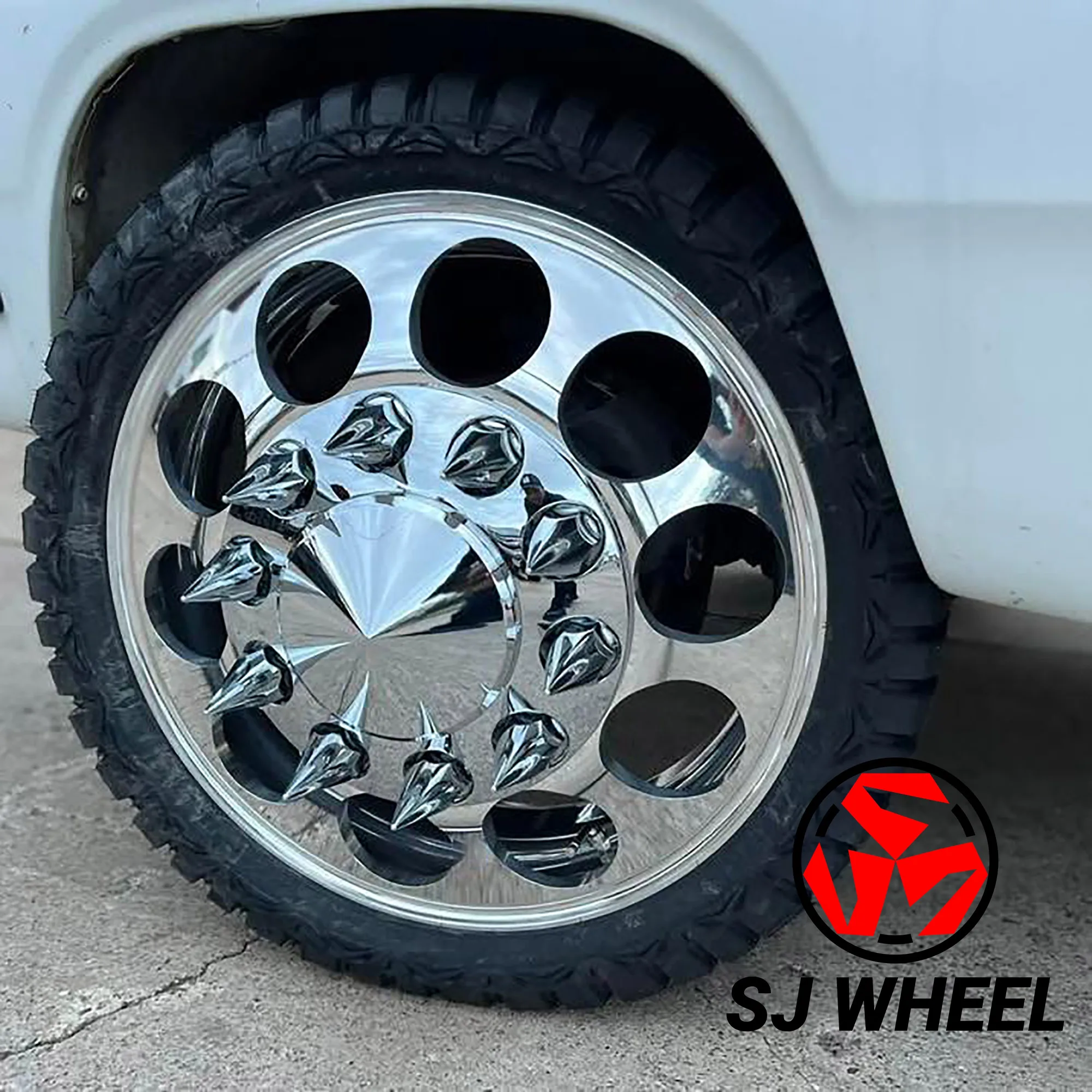 SJ Custom Dually Cabral Wheels Spike Nut Covers Full Polished Aluminum Rims 15 16 17 Inch 6x139.7 8x165.1 for Ram Silverado