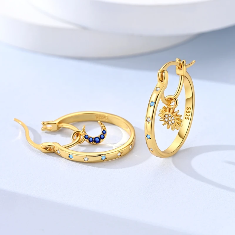 Ohrringe aus 925er-Sterlingsilber für Damen, funkelnde, vergoldete Sonnen- und Mond-Tropfenohrringe für Jahrestag, Hochzeit, Schmuck, Geschenke