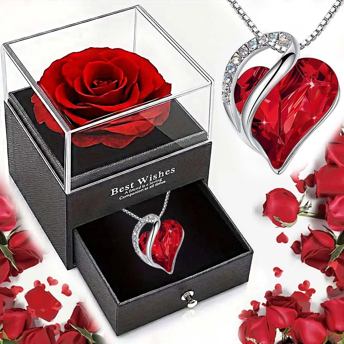 New Hot Selling Valentine's Day Gift Ocean Heart Love Necklace with Eternal Rose Jewelry Box For Girl Mother's Day Gifts