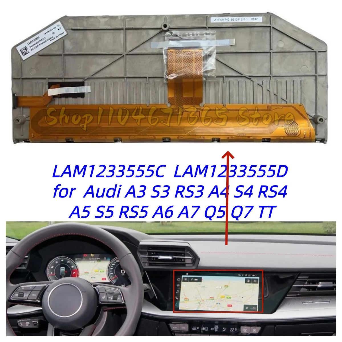 LAM1233555C  LAM1233555D 12.3 Inch LCD Screen for Audi A3 A4 A5 A6 A7 A8 Q5 Q7 TT Series 15-20 Automotive Dashboard Display