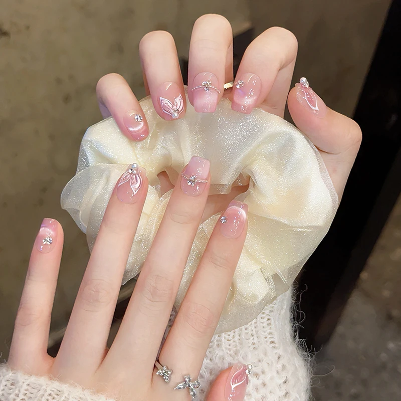 

10pcs Sweet Girls Handmade Fake Nails Bubble Mermaid Shell Design Fairy False Nails Patches Wearable Full Cover Press on Nails