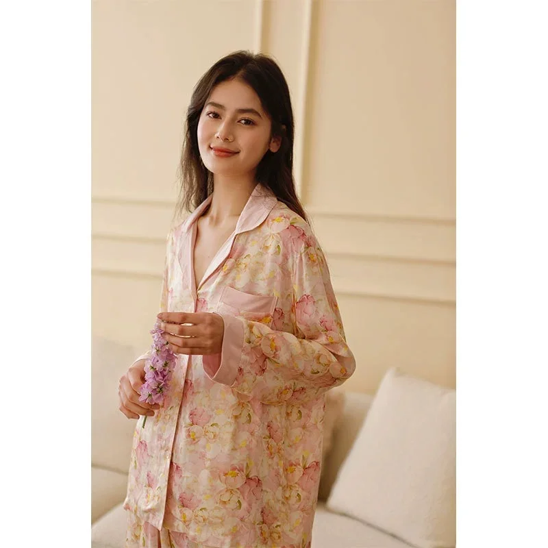 

Новинка 2025, женская атласная одежда из искусственного шелка во французском стиле с цветочным принтом фиолетовой розы, удобный комплект с длинными рукавами