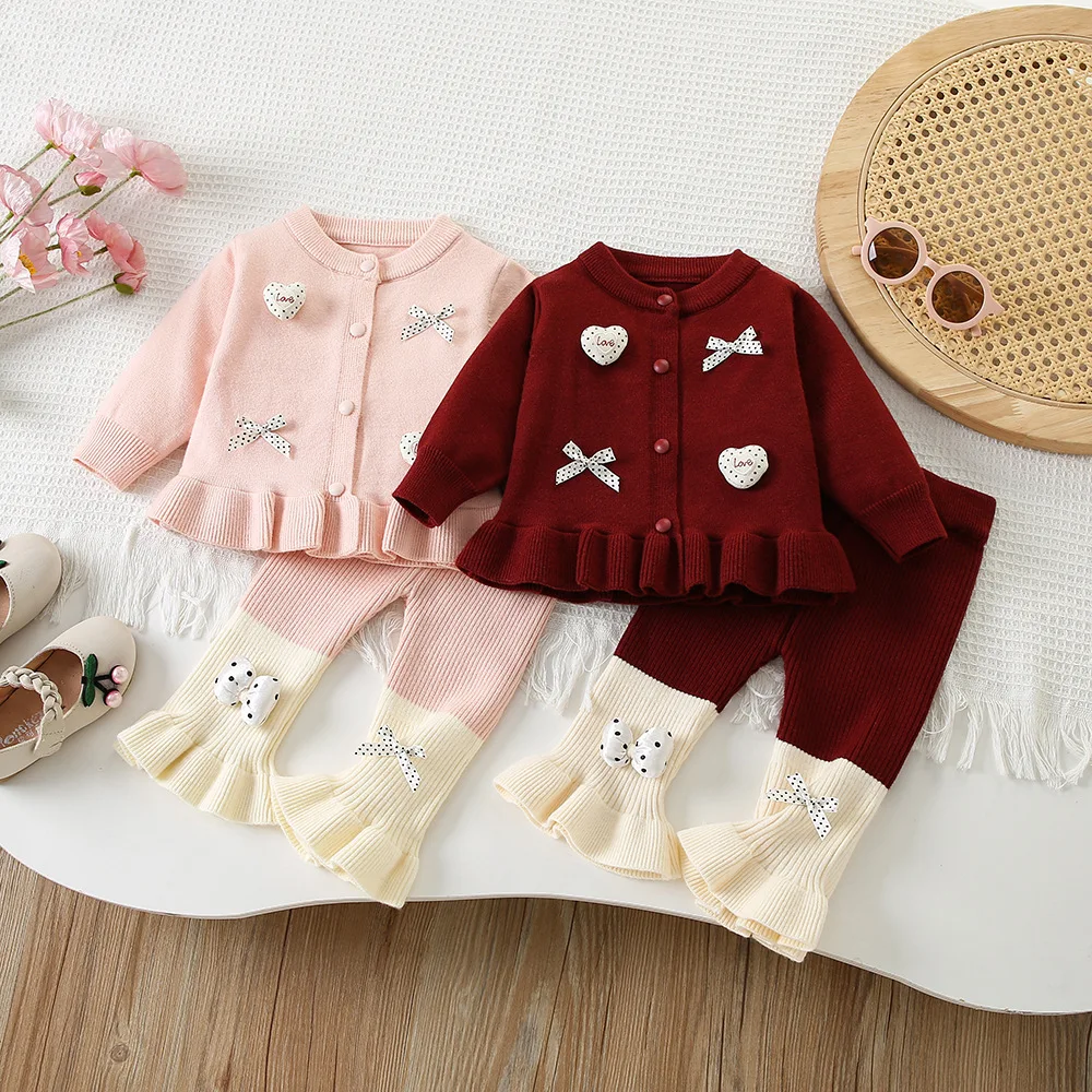 New Autumn Winter Infant Baby Girls Knit Two Piece SetSweet Stylish Knit Cardigan Matching Flared Pants Cute Toddler 2POutfit