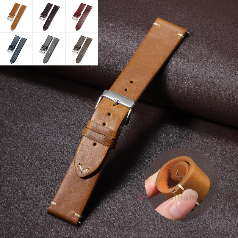 Vintage Oil Wax Leather Watch Band Quick Release Bracelet for Seiko Stitching Cowhide Strap for Omega 18/19/20/21/22/24mm