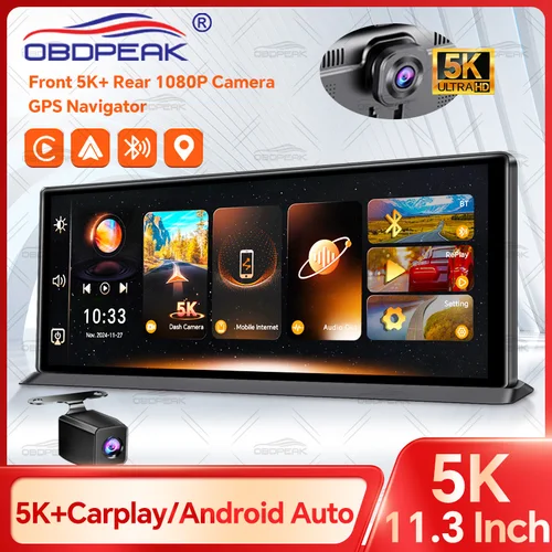 OBDPEAK K8 Pro frente 5K trasero 1080P cámara de salpicadero 11,3 ""pantalla táctil Ai Carplay y Android Auto navegación GPS visión nocturna DVR