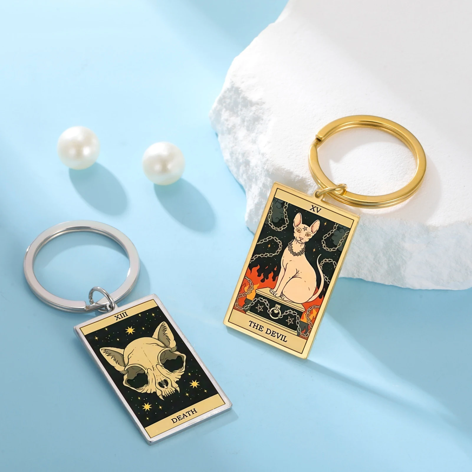 Vassago Tarot Cards Keychains Cute Cat Tarot Card Keychain Stainless Steel Keyring Colour Printed Cats Lucky Amulet Keyring