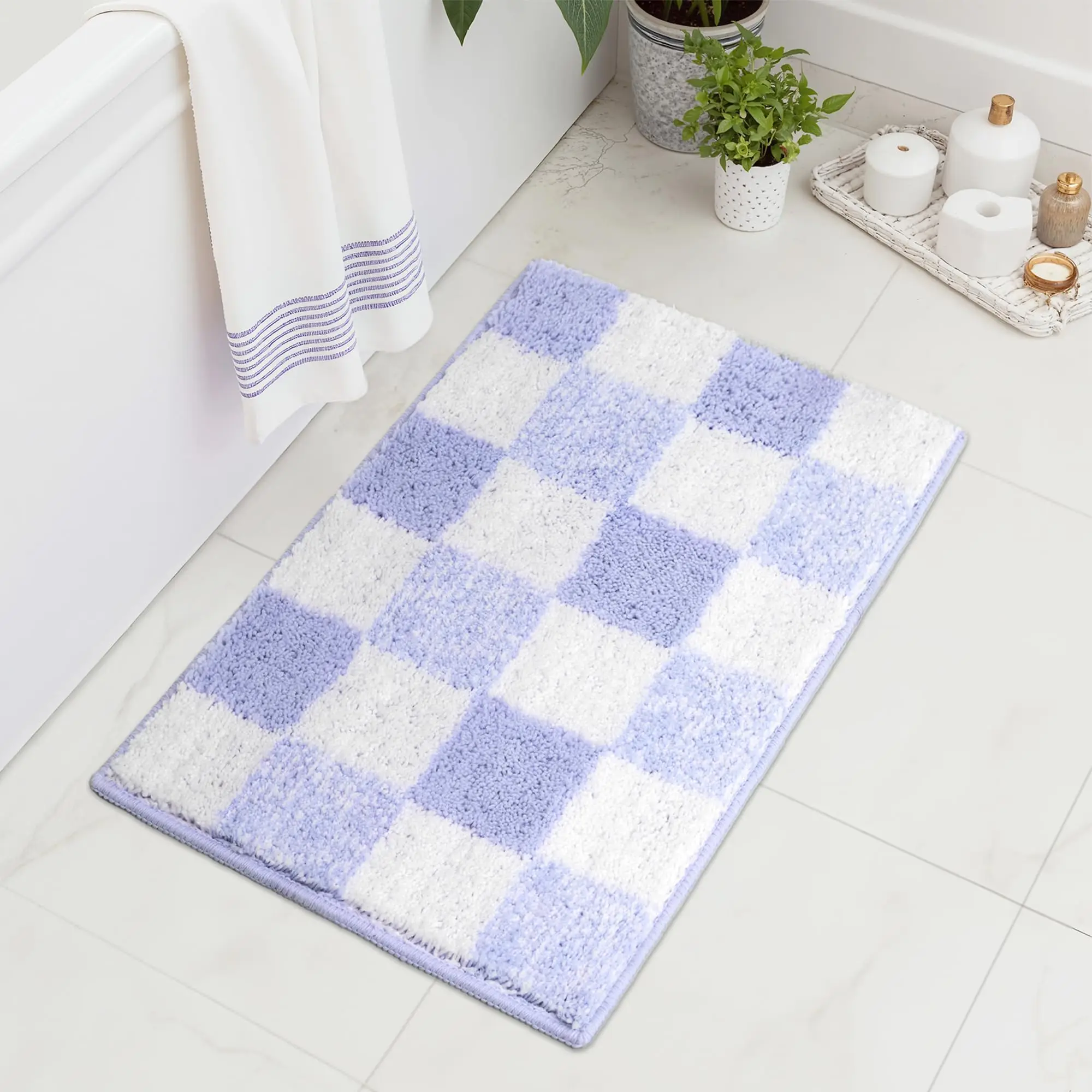VIKAMA Cute Square Pink Checkered Bathroom Absorbent Carpet Bedroom Decoration Bedside Carpet Home Decoration