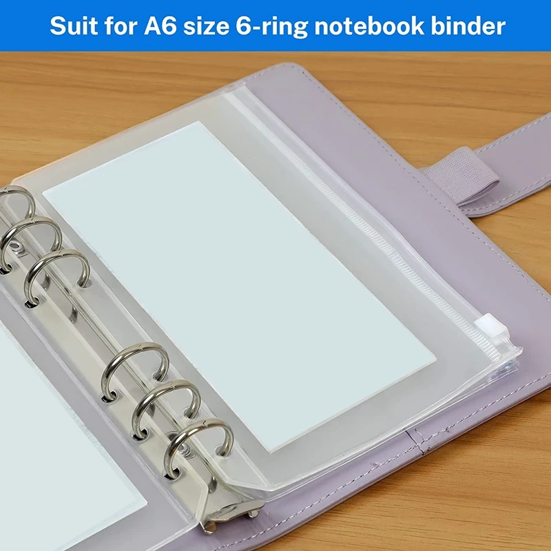 16PCS A6 Binder Pockets 6 Holes Budget Cash Envelopes Clear Zipper Folders For 6-Ring Budget Binder Notebook