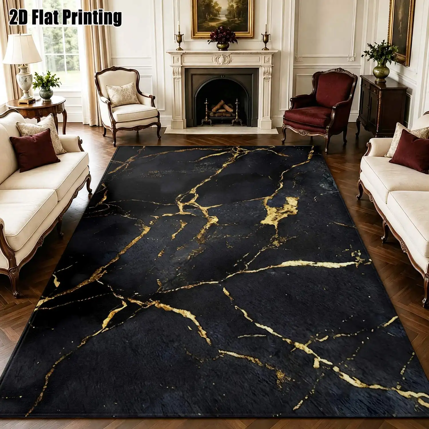 1Pc 2D Printed Black Gold Marble Texture Carpet, Nordic/Instagram Modern Simple Vintage Geometric Striped Floor Mat, Home Decor, Multi-Size, Machine Washable, for Entrance, Dining Room, Foyer, Bedroom, Living Room