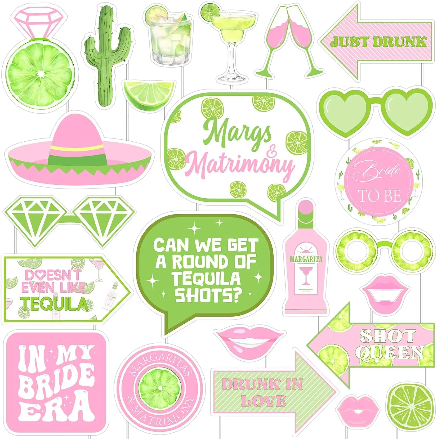 

Cheereveal Margs and Matrimony Photo Booth Props 24 Pcs Pink Green Bachelorette Party Decors Final Fiesta Bridal Shower Supplies