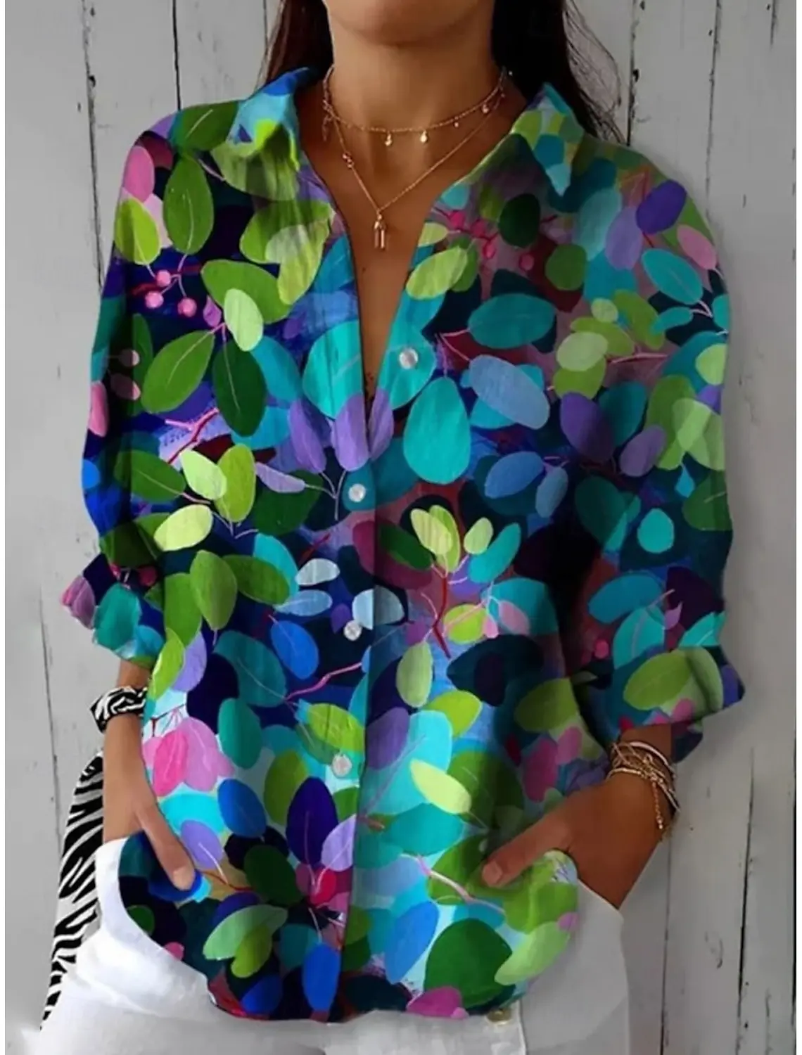 Women's Shirt Flower Active Stylish Blouse Lapel Neck Blouse Fashion Womens Long Sleeve Shirts Womens Clothing Female Clothing