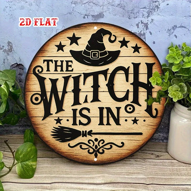 CIFBUY Retro Witch Hat Broom Aluminum Wall Art Waterproof Decor for Home Garage Porch Garden Patio