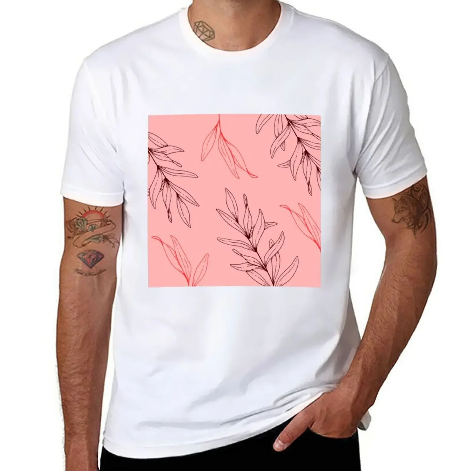 New Pink Red Tropical Leaves Line Drawing T-Shirt T-shirt for a boy oversized t shirts Short t-shirt mens graphic t-shirts