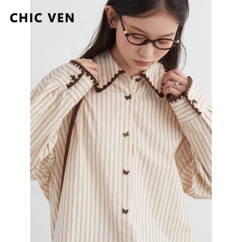CHIC VEN Fashion Women Shirt Loose Striped Long Sleeve Female Blouses Butterfly Button Cotton Girl Coat Autumn Winter 2026