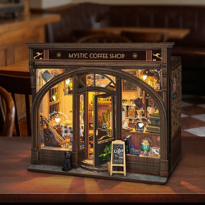 DIY Wooden Mystic Coffee Shop Cottage Figurines Miniatures Bookend Assembled Houses for Friends Birthday Gifts Home Decoration