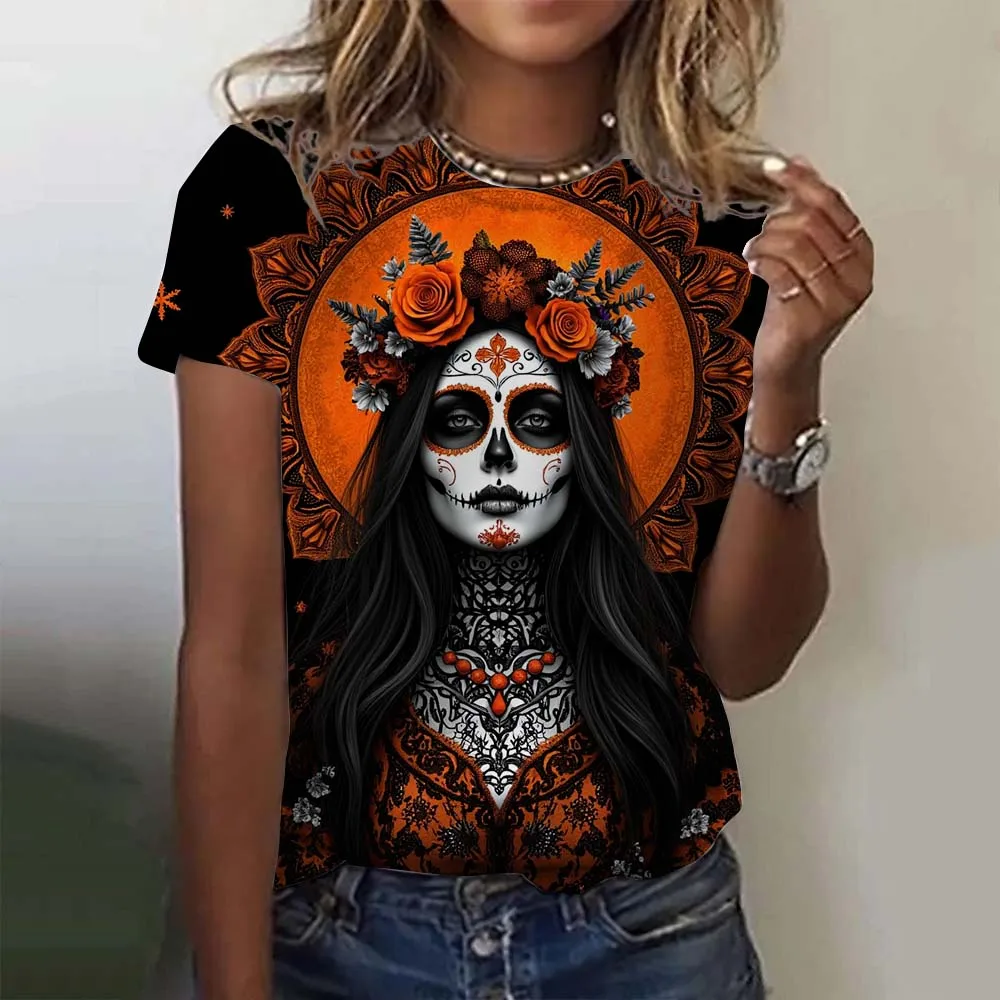 Women's T-shirt for Girls Short Sleeve Casual Sexy Girls Clothes Summer Day of the Dead Undead Skull Pattern oversized T-shirts
