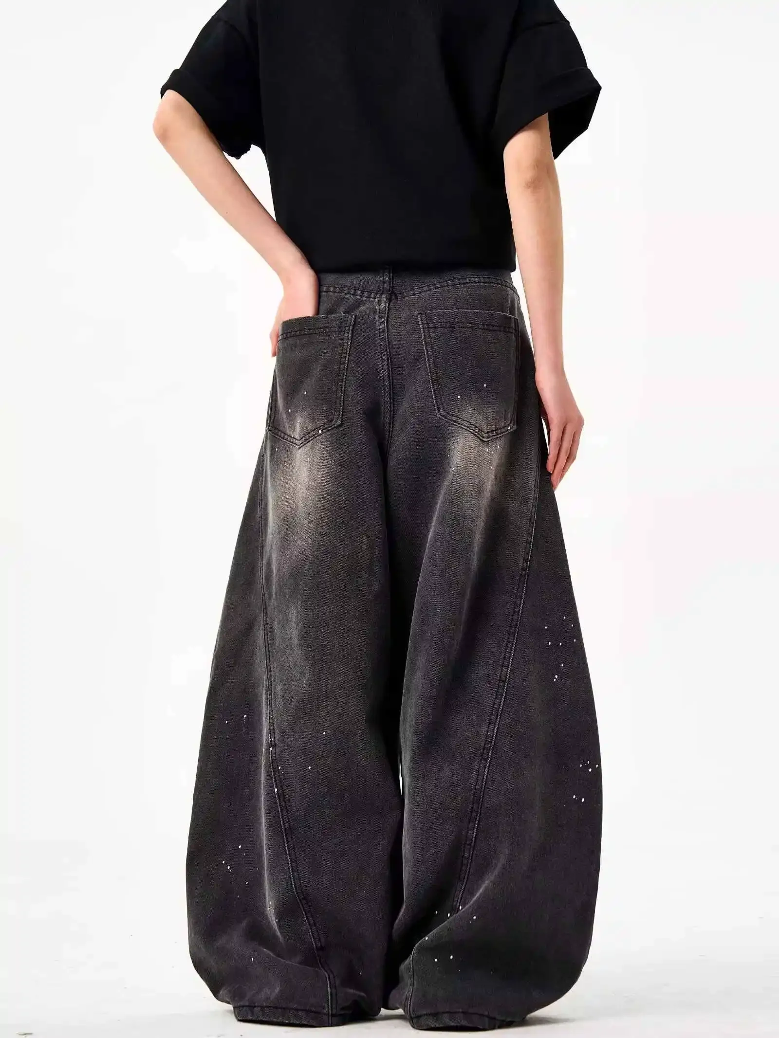 بنطلون جينز نسائي أسود قوطي Y2k هاراجوكو 90s عتيق كبير الحجم من قماش الدنيم بنطلون جينز فضفاض على الطراز الياباني 2000s 2025