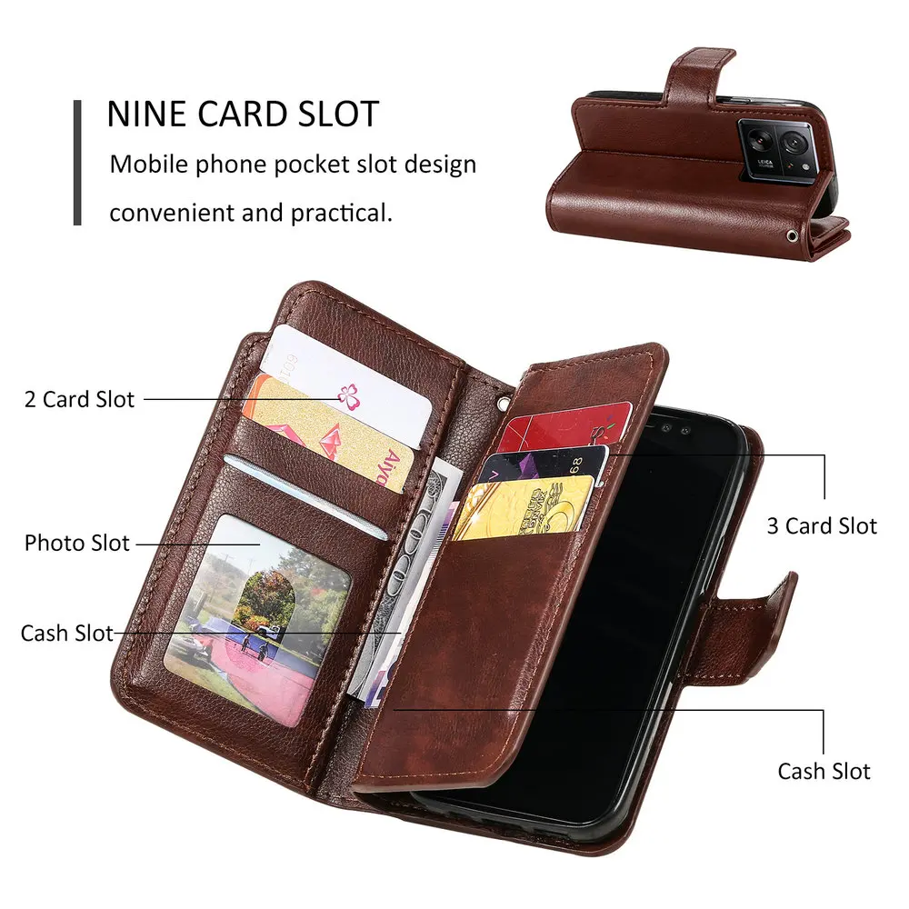 For Xiaomi 13T Pro 5G Leather Flip Case Multi 9-Card Pocket Wallet Funda Xiaomi 13T Case Mi Phone 13 T 13TPro T13 Book Cover