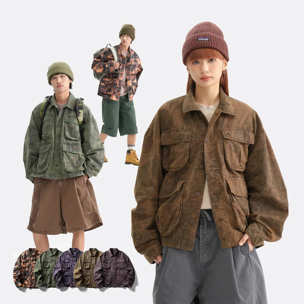 Women Men Vintage Washed Cotton Loose Casual Streetwear Oversize Plus Wide Cargo Jacket Couple Spring Autumn Coat Outerwear