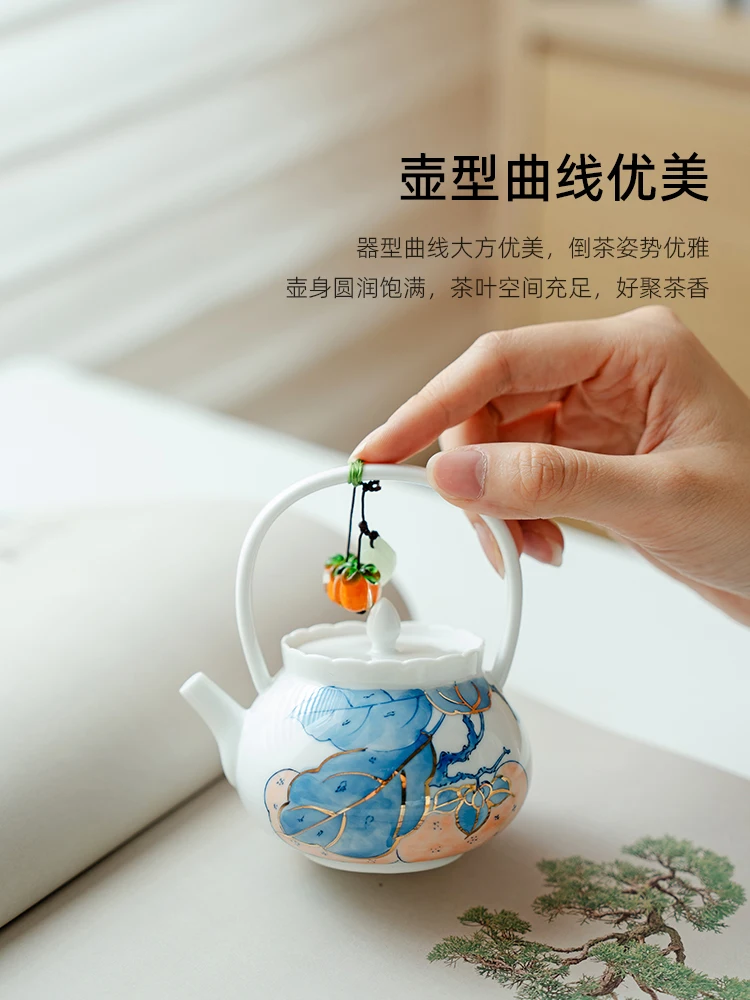 Outline Ceramics Teapot Pure Hand Drawing Persimmon Loop-Handled Small with Slide Personal Special Single