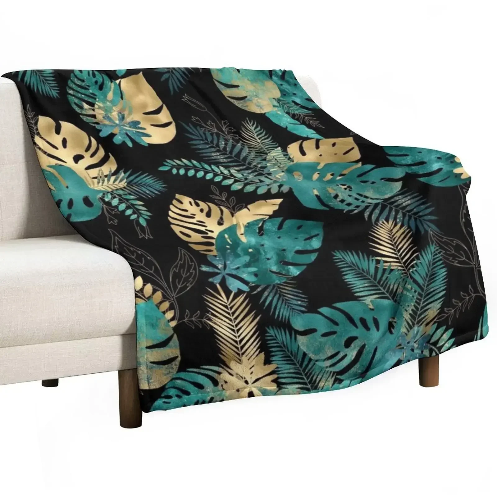 

Teal and Gold foil leaves, bright and lush foliage pattern, large teal and gold tropical leaves Throw Blanket Beach Blankets