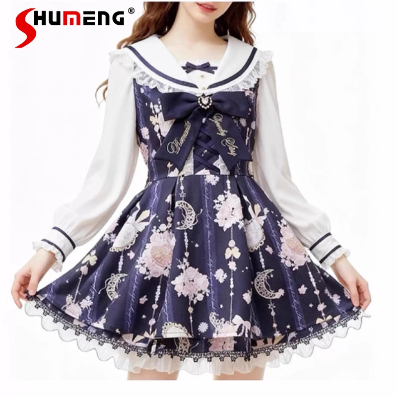 

Japanese Liz Dress Set New Mine Mass-Produced Sweet Big Bow Print Princess Long Sleeve Dress Shorts 2-Piece Set Women's Outfits