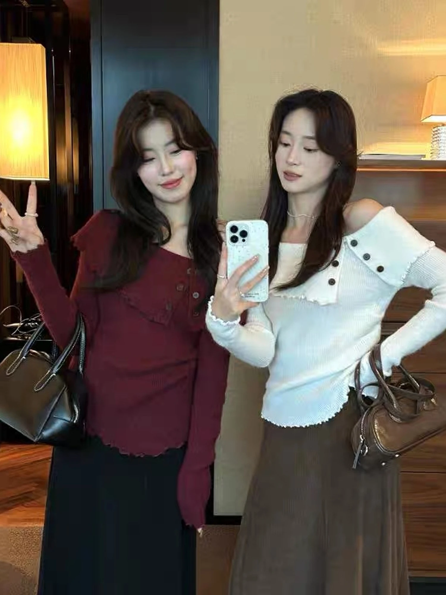 French Style Slim Fit Knitted Long Sleeve One Shoulder Base Shirt Women's Spring Autumn Wearable Indoor Outdoor Top