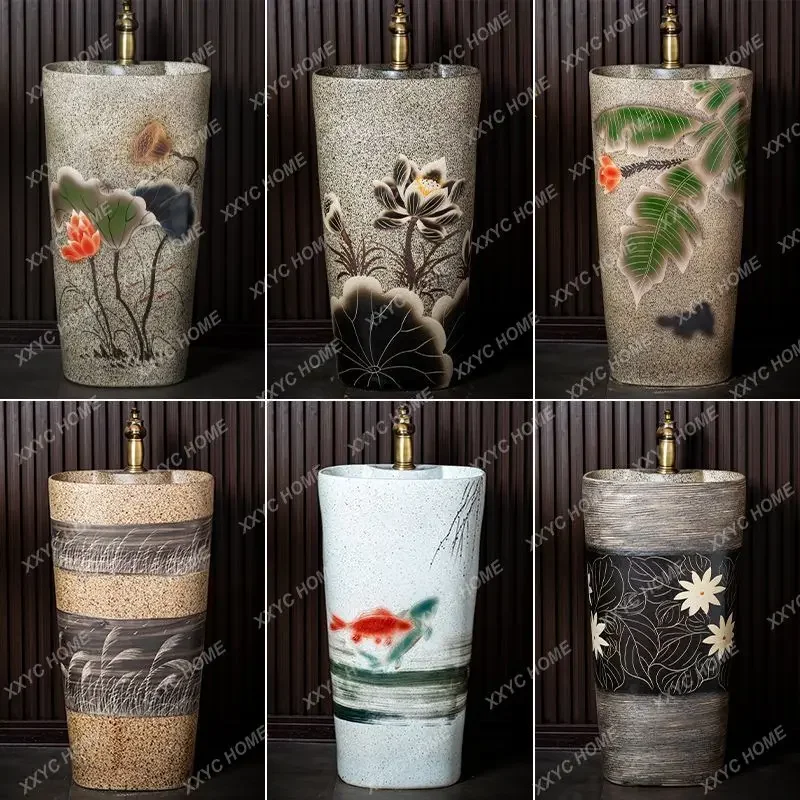 HChinese retro ceramic vertical washbasin Inn courtyard outdoor balcony column basin integrated floor-to-ceiling washbasin