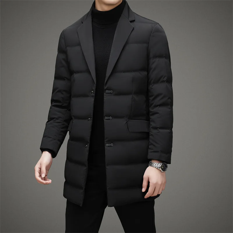 

Men's mid-length down jacket, business casual, fashionable and cool suit collar, New Year's style scarf collar winter coat