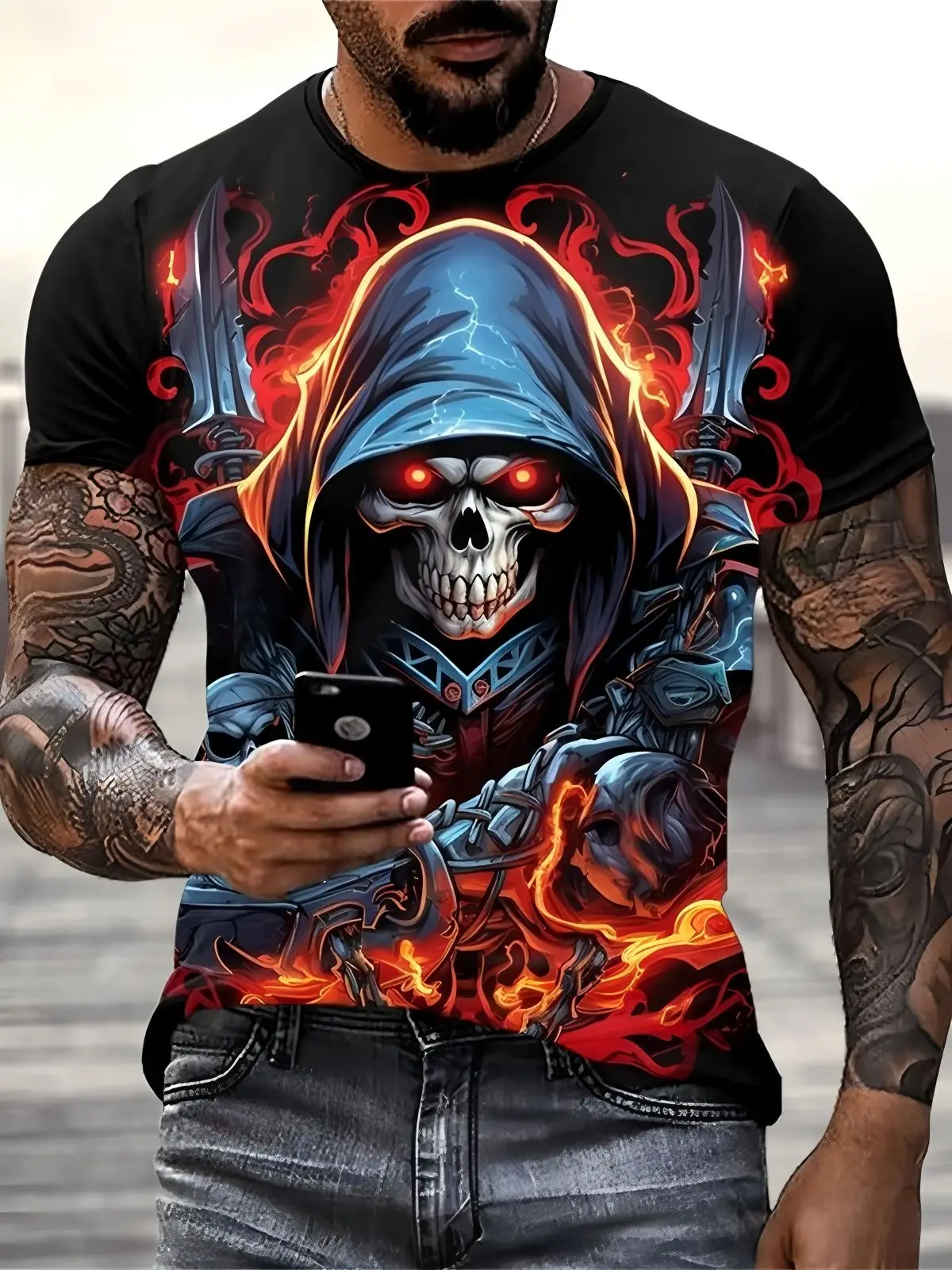Men Grim Reaper Skull With Fire Sword 3D Print T-Shirt Gothic Horror Graphic Short Sleeve Tee Summer Casual Streetwear Tops
