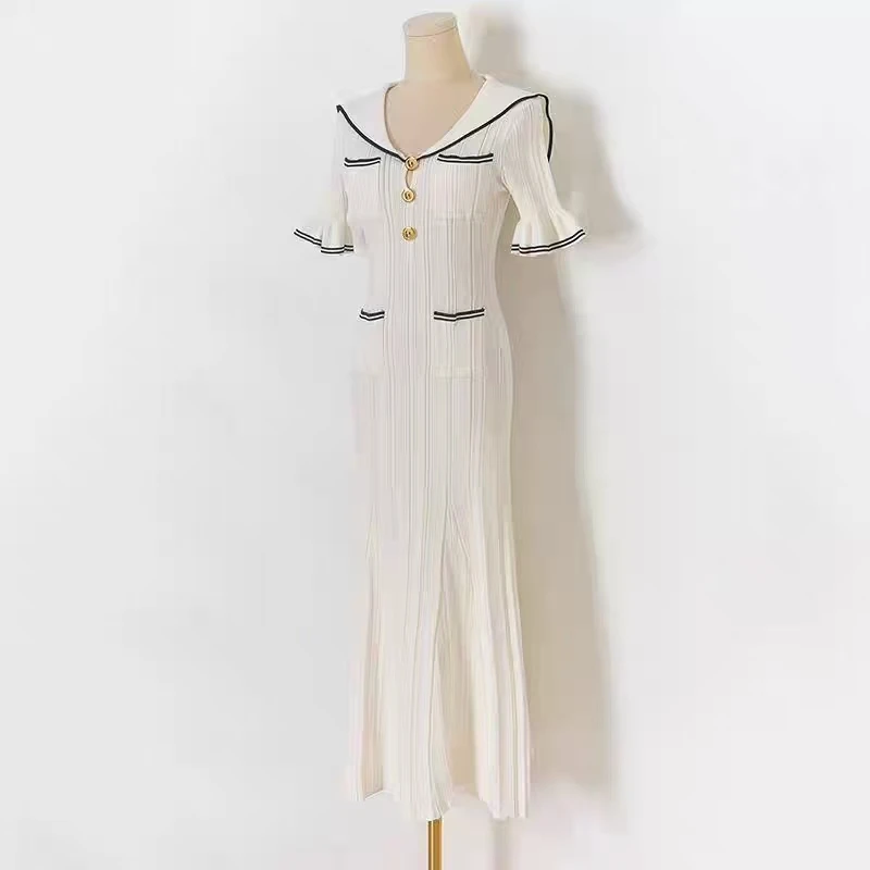 

High Quality Spring And Summer New Fashion Temperament Commuting Women's Knitted Button Lapel Slim Fit Short Sleeved Dress