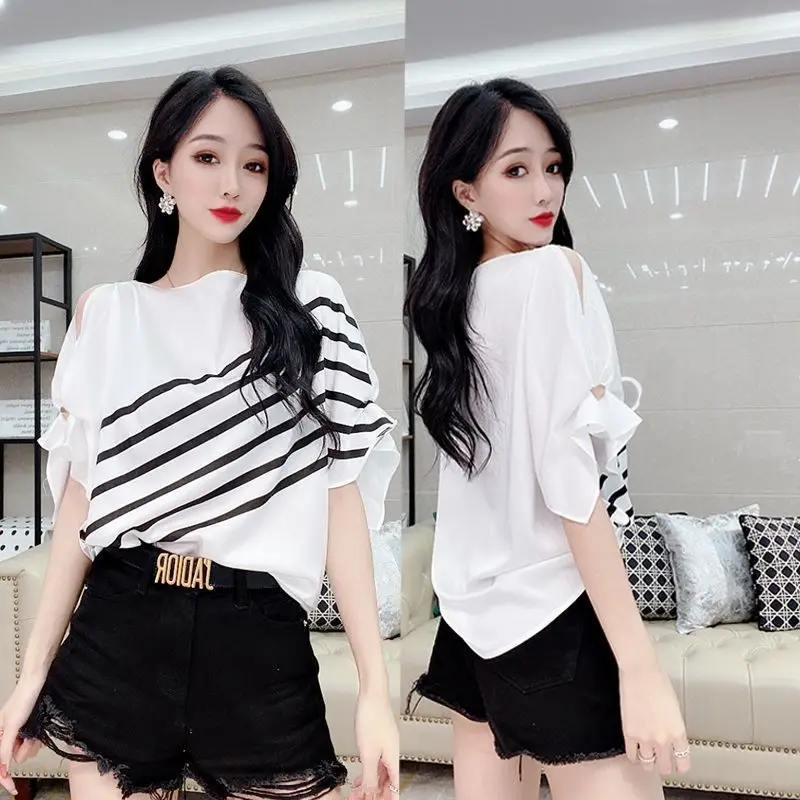 Stylish Slash Neck Button Folds Off Shoulder Striped Blouse Female Clothing 2023 Summer New Casual Pullovers Asymmetrical Shirt