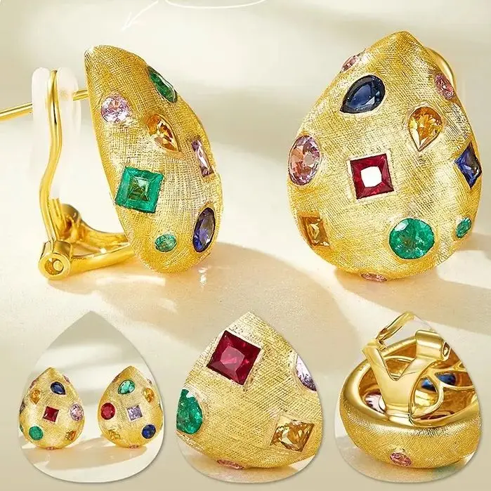 

18K Golden Egg Color Sapphire Jewelry Ruby Earrings Brushed Grandmother Green Water Drop Natural Gemstone Light Luxury Fashion G