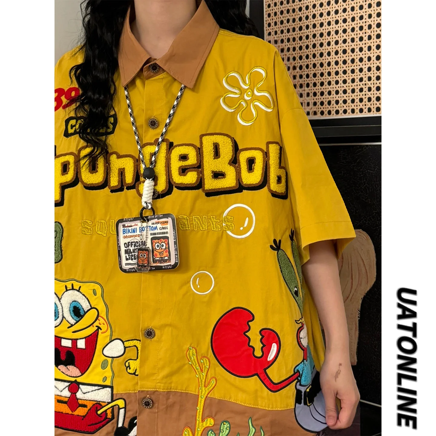 

UATONLINE2026 Женская повседневная рубашка в американском стиле с коротким рукавом, вышивкой и пэчворком, модная уличная одежда свободного кроя, универсальная