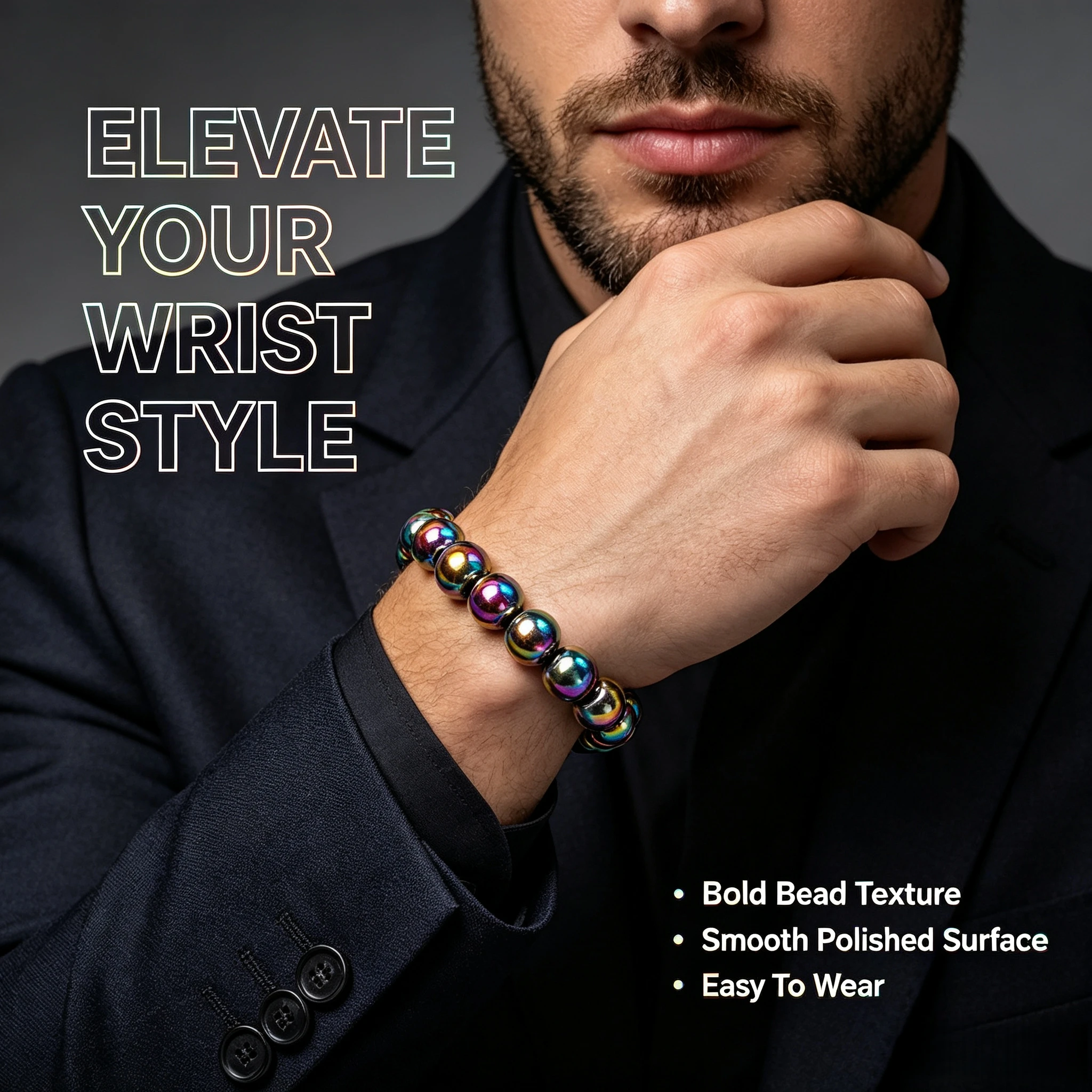Colorful Hematite Beaded Bracelets Men Natural Stone Protection Grounding & Confidence Strength Enhancer Positive Vitality Boost