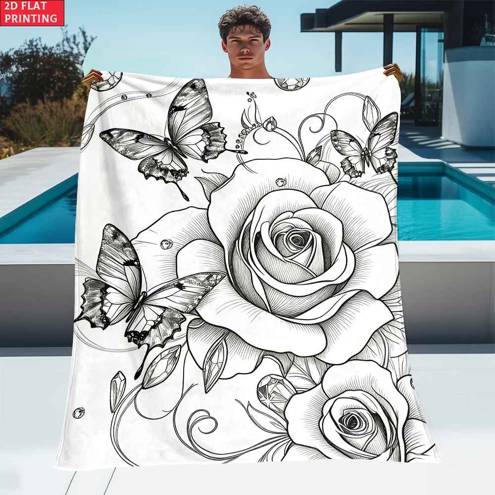 Portable Rose Butterfly Coloring Flannel Blanket, Lightweight Soft Warm for Travel Camping Home, 2D Flat Cozy Throw for Sofa Bed