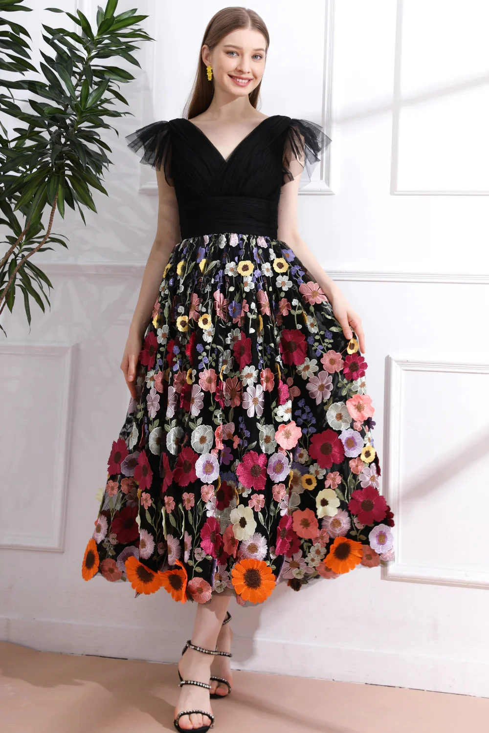 Jessica Fairy Black Prom Dresses Embroidered 3D Floral Elegant Evening Dresses Princess Coming-of-age Ceremony Party Dress