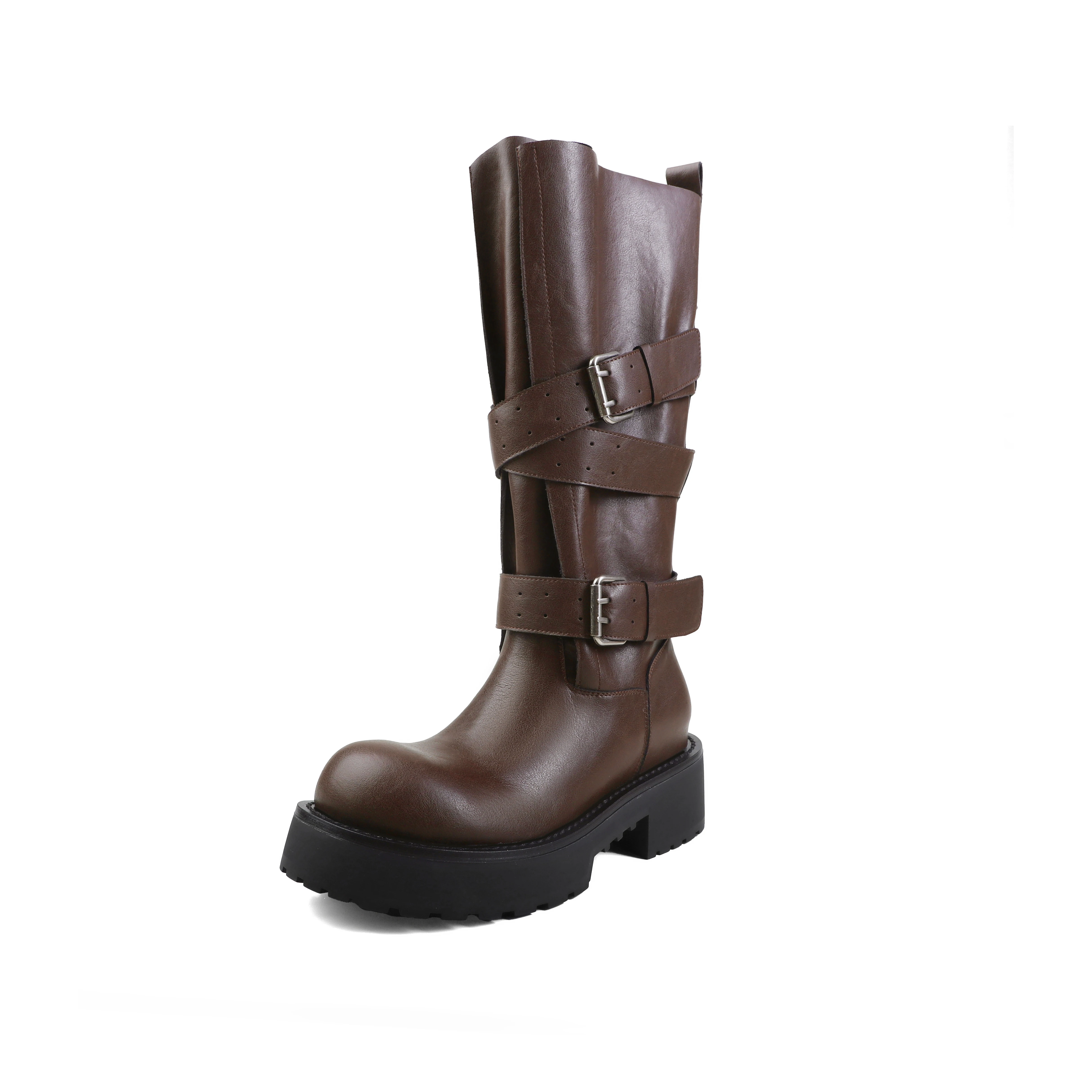 ArdenFurtado Damen-Bikerstiefel aus Rindsleder mit Plateau und Schnalle, kniehohe Stiefeletten im Punk-Stil, mittelhohe Stiefeletten für Mädchen
